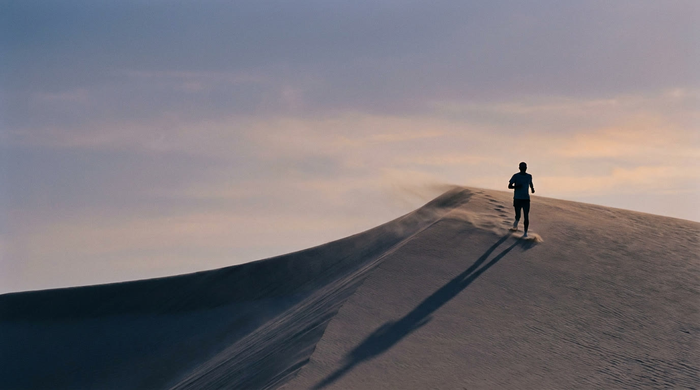 A lone runner on a desert dune ridge at dusk