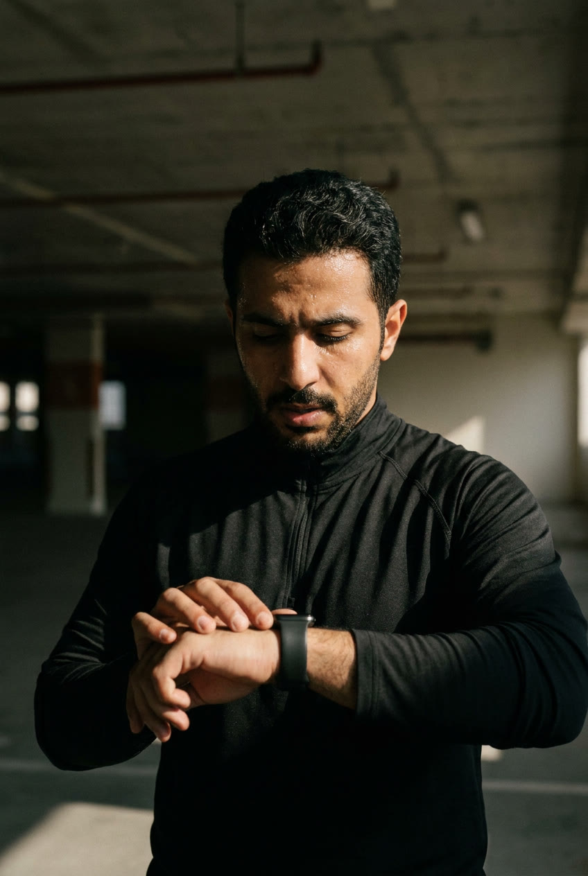 A runner checks his watch after an effort