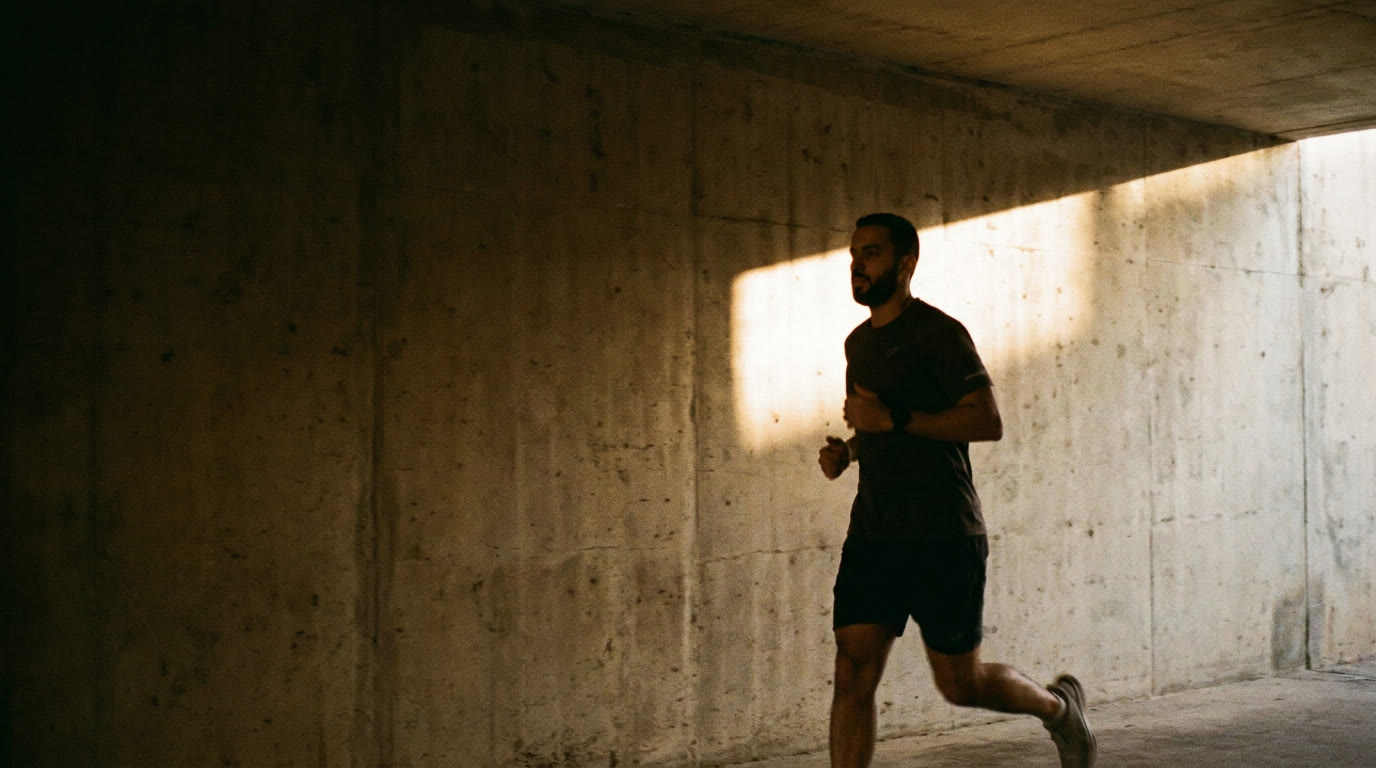 A runner moving through a concrete underpass, low sun on the wall