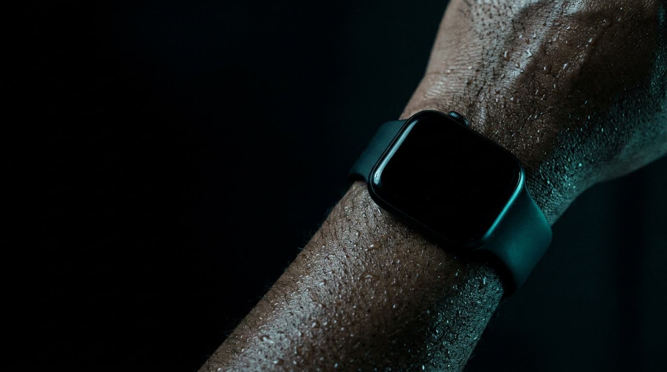 Close detail of a watch on a sweating wrist